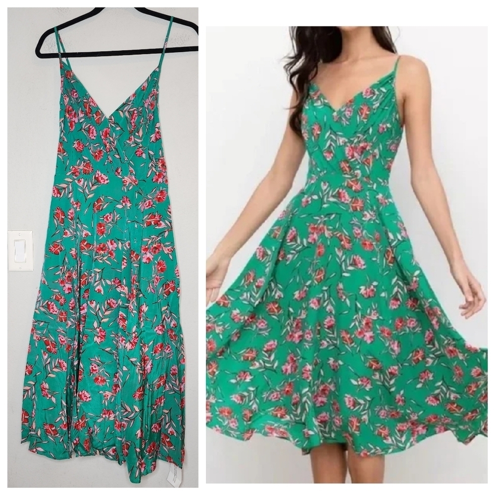 NWT Anthropologie Yumi Kim 100% Silk Green Pink Floral Print Vienna Dress size 4
